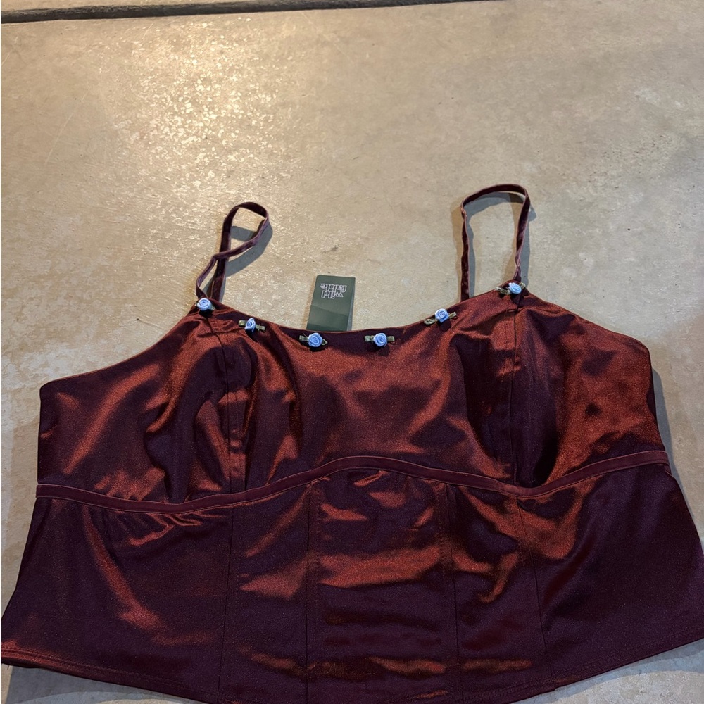 Burgundy Satin Top with Blue Floral Details